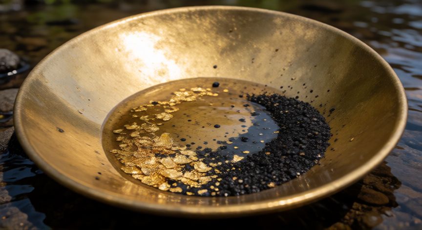 como encontrar oro en un rio, Bandeja con partículas de oro y minerales pesados tras el lavado