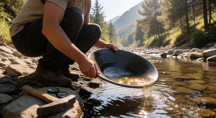 como encontrar oro enterrado sin detector de metales, Buscador de oro practicando el bateo en el lecho de un río montañoso al amanecer