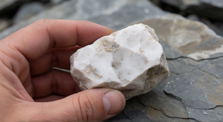 como encontrar oro enterrado sin detector de metales, Muestra de veta de cuarzo con inclusiones microscópicas de oro nativo visible a simple vista