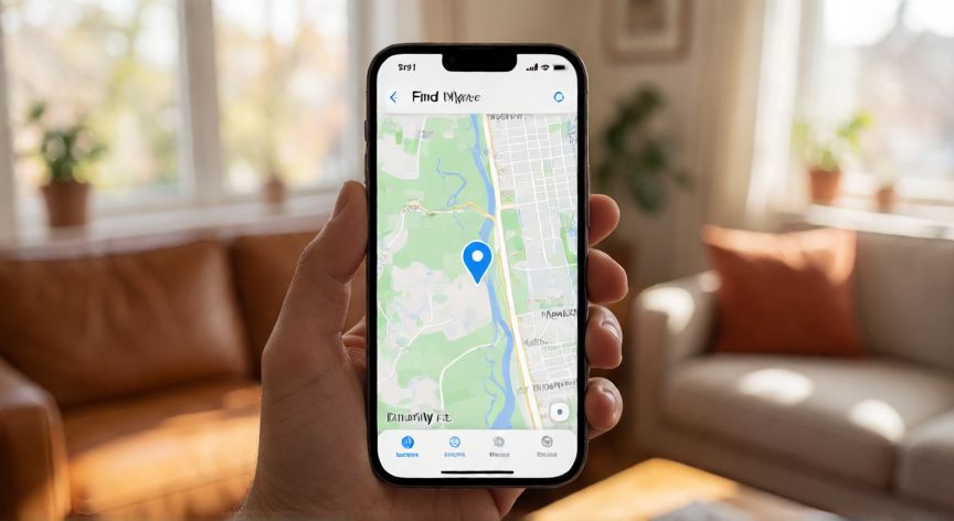como encontrar otro iphone, Pantalla del iPhone mostrando la app Buscar con un mapa y un pin de ubicación