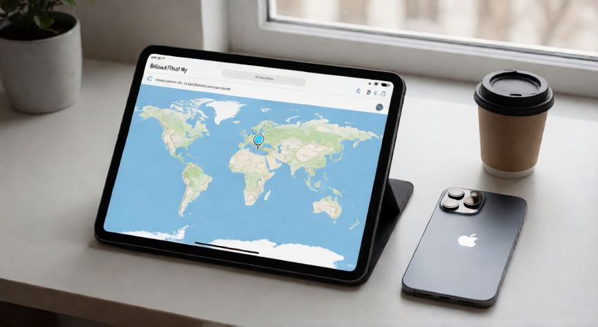 como encontrar otro iphone, iPad con la web de iCloud Find My abierta mostrando la ubicación de un dispositivo en un escritorio