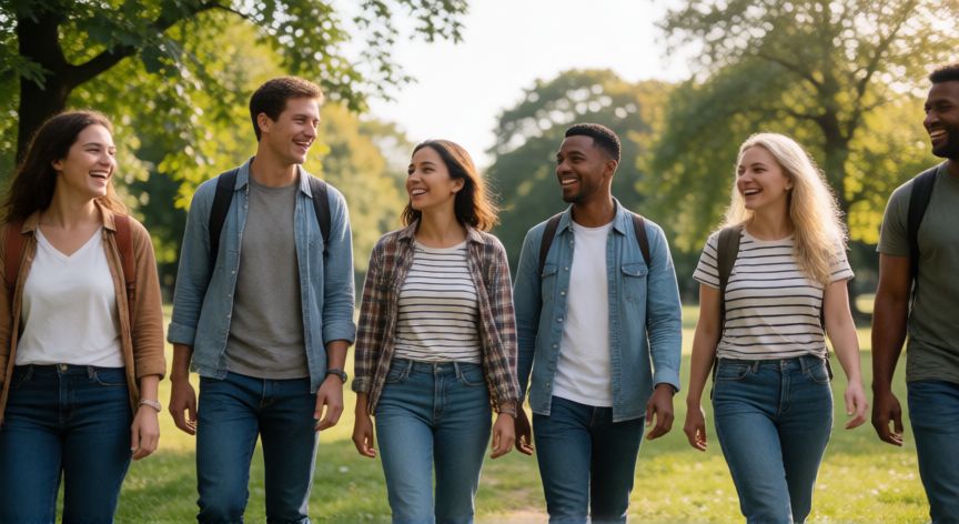 como encontrar pareja, Grupo de amigos disfrutando de una caminata al aire libre, entorno social saludable para conocer personas.