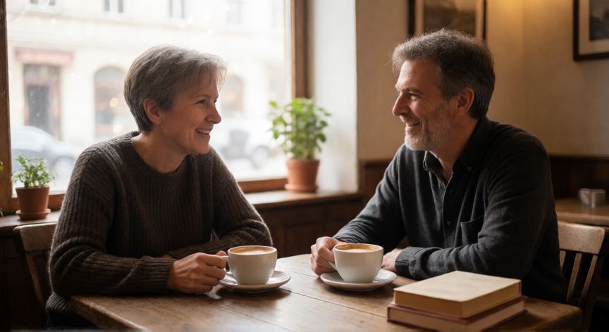 como encontrar pareja a los 40, Dos personas conversando en una cita de café