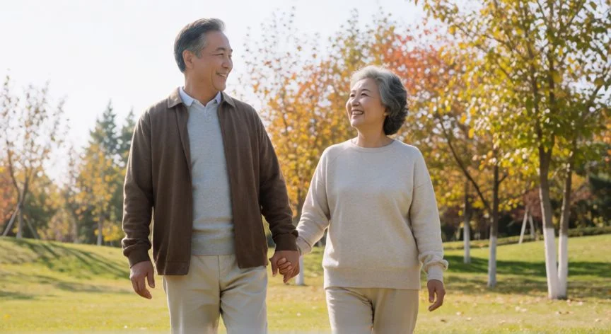 Pareja de personas maduras paseando juntas por un parque con una actitud relajada y alegre