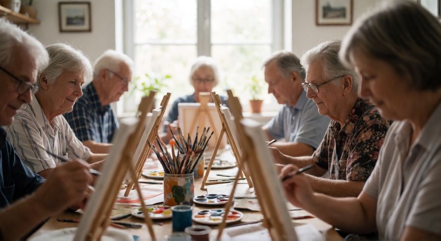 como encontrar pareja a los 60 años, Grupo de personas mayores participando en un taller creativo como espacio para socializar y conocer gente