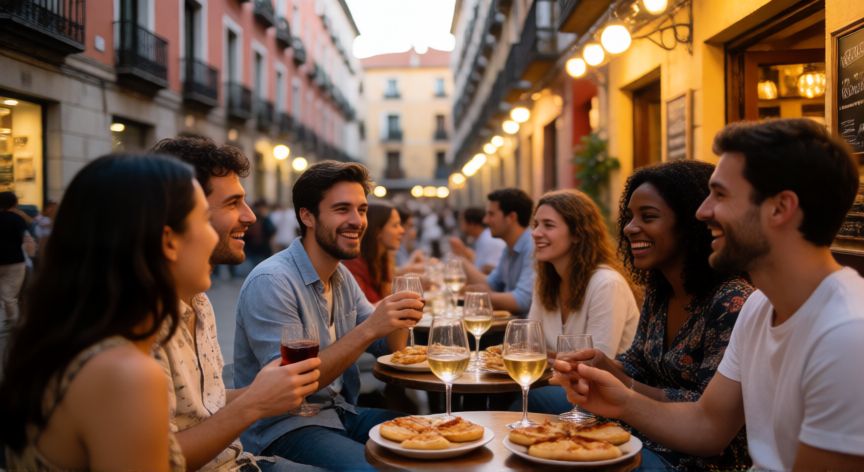 como encontrar pareja en madrid, Grupo de personas conversando en una calle animada de Madrid por la noche