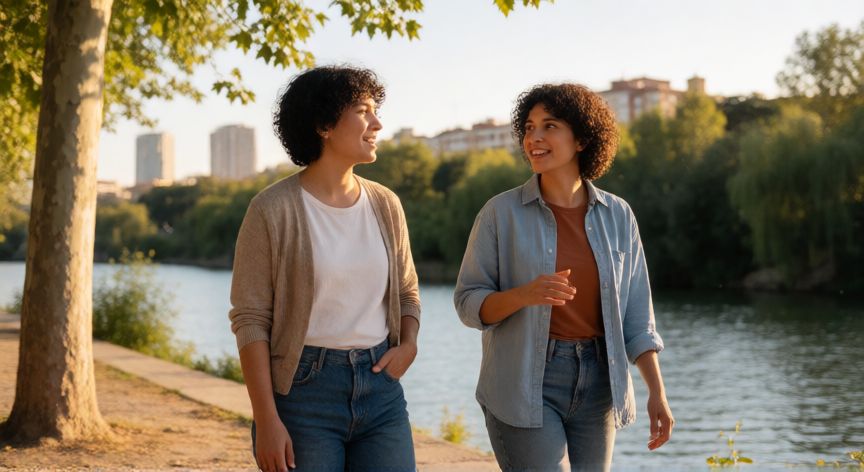 como encontrar pareja en madrid, Pareja paseando junto al río Manzanares en Madrid