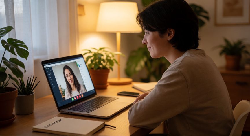 como encontrar pareja si no salgo, Persona conectando con otra a través de una videollamada desde casa