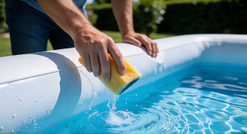 como encontrar pinchazo en piscina hinchable, Persona aplicando jabón líquido con una esponja para localizar un pinchazo en una piscina hinchable