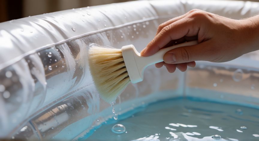como encontrar pinchazo en piscina hinchable, Cierre de reparación de una piscina hinchable con jabón y burbujas visibles en la zona del pinchazo