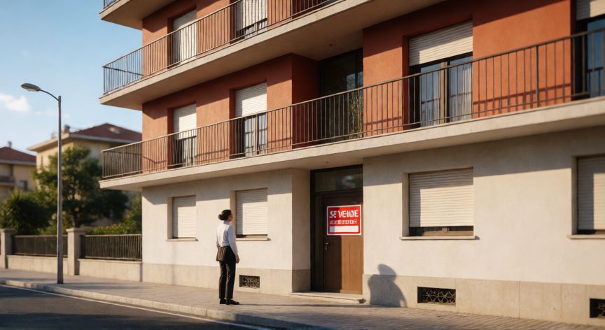 como encontrar pisos de bancos, Edificio residencial con cartel de se vende, típico piso de banco en España