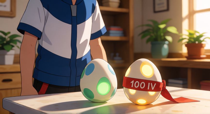 como encontrar pokemon 100 iv, Entrenador en el centro de crianza de Pokémon con huevos brillantes etiquetados 100 IV