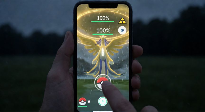 como encontrar pokemones 100 iv pokemon go, Pantalla de Pokémon GO mostrando una raid con clima favorable y un Pokémon con 100% IV