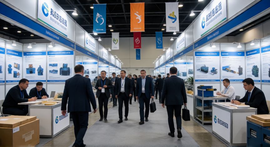 como encontrar proveedores, Feria comercial con expositores y visitantes buscando proveedores