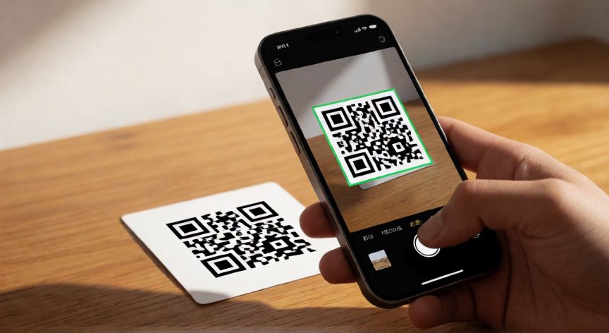 como encontrar qr code no celular, Mão segurando celular apontando a câmera para um QR Code impresso em um cartão sobre mesa de madeira