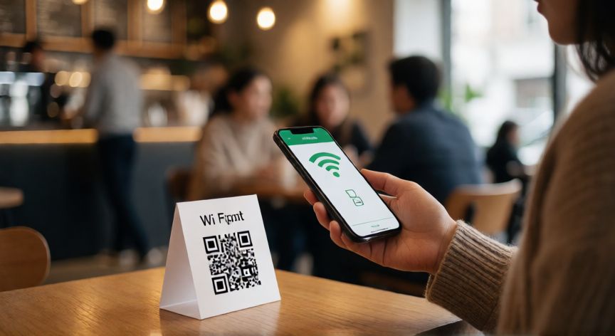 como encontrar qr code no celular, Pessoa em cafeteria escaneando QR Code de rede Wi-Fi impresso em um cartão sobre a mesa