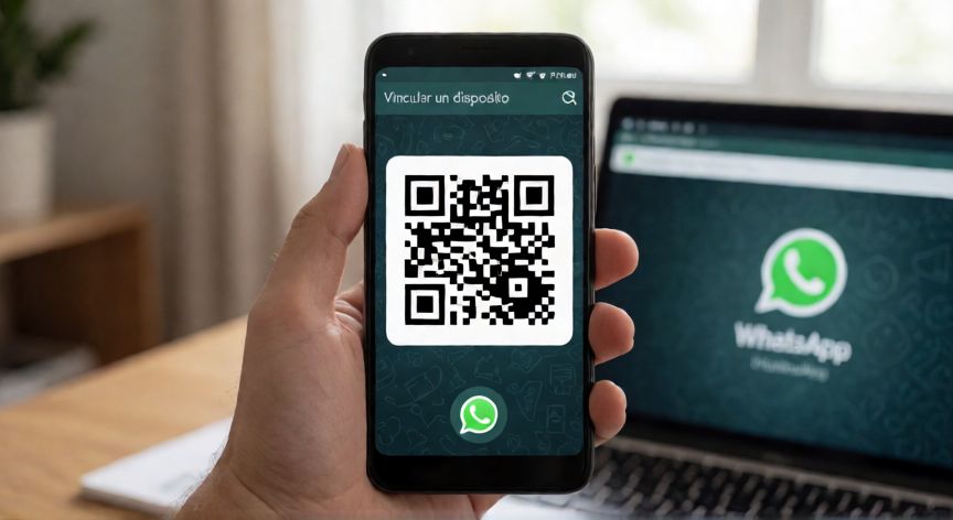como encontrar qr de whatsapp, Móvil mostrando el código QR de vinculación de dispositivos en WhatsApp