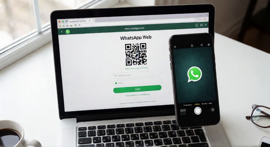 como encontrar qr de whatsapp, Ordenador con WhatsApp Web abierto y móvil escaneando el código QR