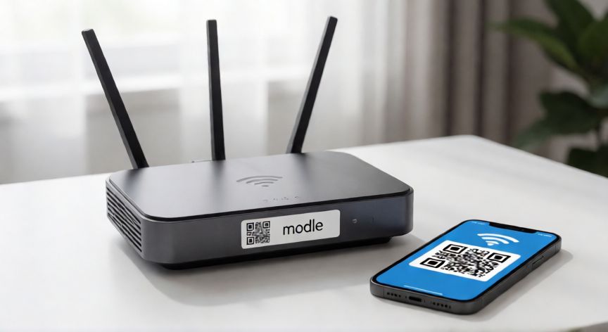 como encontrar qr de wifi, Router con etiqueta de código QR y teléfono mostrando el QR de la red WiFi