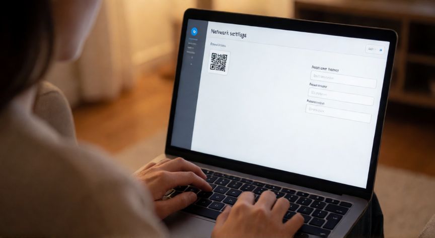 como encontrar qr de wifi, Persona buscando el código QR de la red WiFi en el panel del router desde un portátil