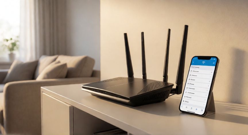 como encontrar red 2.4 ghz, Router Wi-Fi doméstico con smartphone mostrando lista de redes disponibles en la configuración