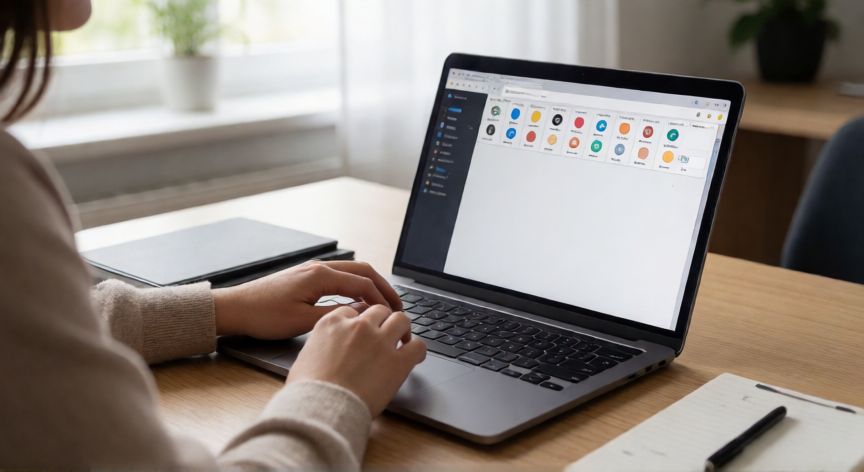 como encontrar redes sociales de una persona, Persona buscando perfiles públicos de redes sociales en una laptop
