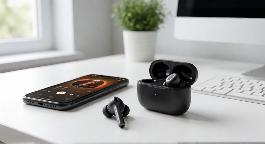 como encontrar redmi buds 6 play, Auriculares inalámbricos Redmi Buds 6 Play con estuche de carga sobre una mesa de escritorio
