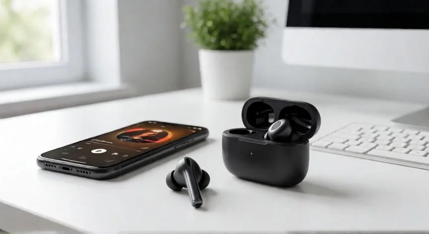Auriculares inalámbricos Redmi Buds 6 Play con estuche de carga sobre una mesa de escritorio
