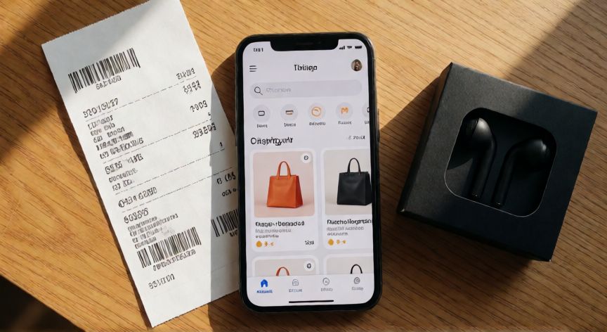 como encontrar redmi buds 6 play, Vista cenital de un móvil mostrando una app de compras junto a la caja de unos auriculares inalámbricos sobre mesa de madera