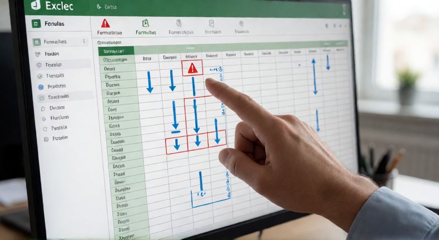 como encontrar referencias circulares en excel, Pantalla de Excel mostrando la herramienta de comprobación de errores y flechas de trazado de referencias circulares