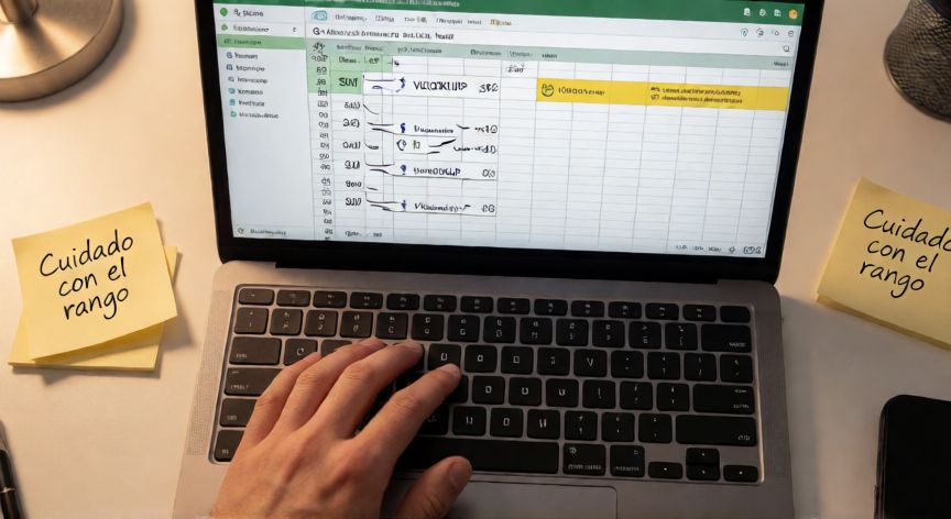 como encontrar referencias circulares en excel, Manos corrigiendo una fórmula con referencia circular en una hoja de cálculo de Excel sobre un portátil