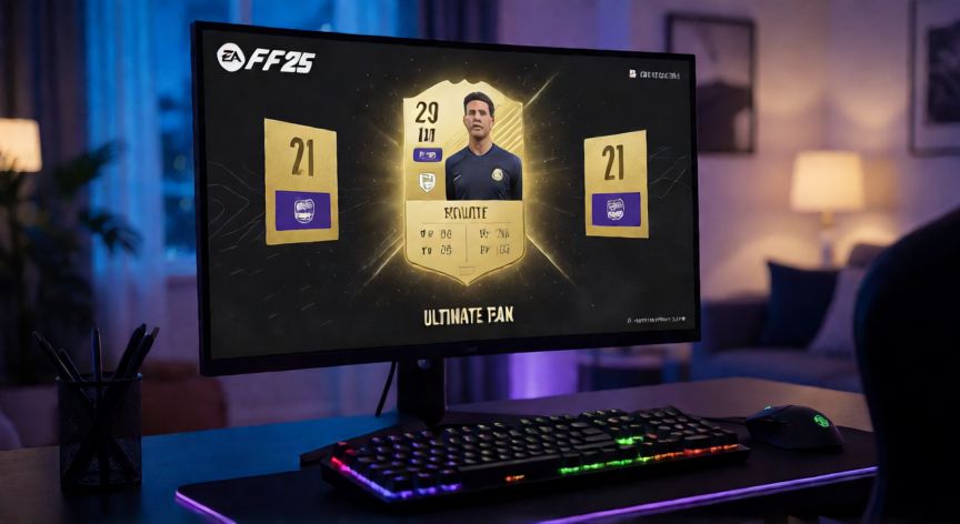 como encontrar regens fc 25, Setup de gaming mostrando la apertura de un pack en FC 25 Ultimate Team