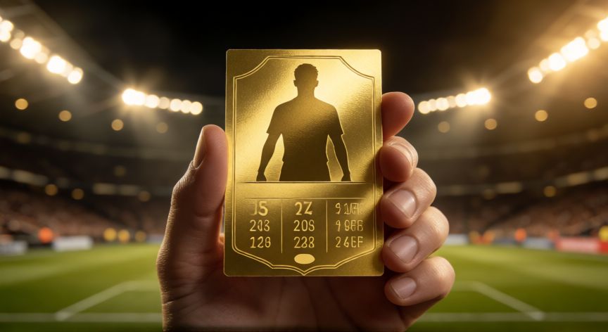 como encontrar regens fc 25, Mano sosteniendo una tarjeta dorada de jugador regen de FC 25 Ultimate Team