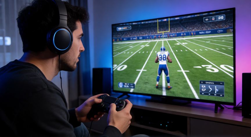 como encontrar regens fc 26, Jugador de videojuegos de fútbol concentrado durante una partida
