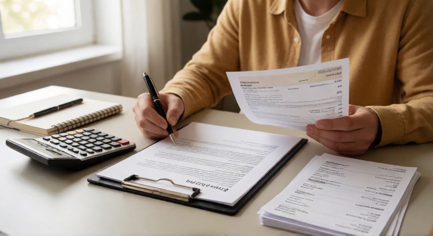 como encontrar renta 2024, Persona revisando extractos bancarios y contrato de alquiler para localizar la renta de 2024
