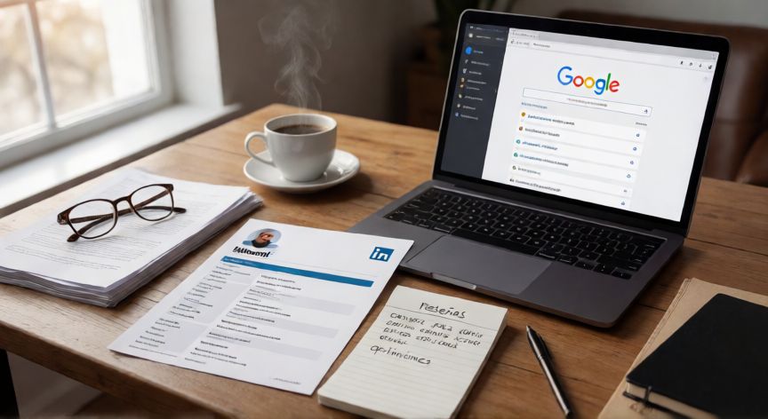 como encontrar reseñas de una persona, Mesa de trabajo con portátil mostrando búsquedas de reseñas en Google, perfil de LinkedIn impreso y notas sobre opiniones