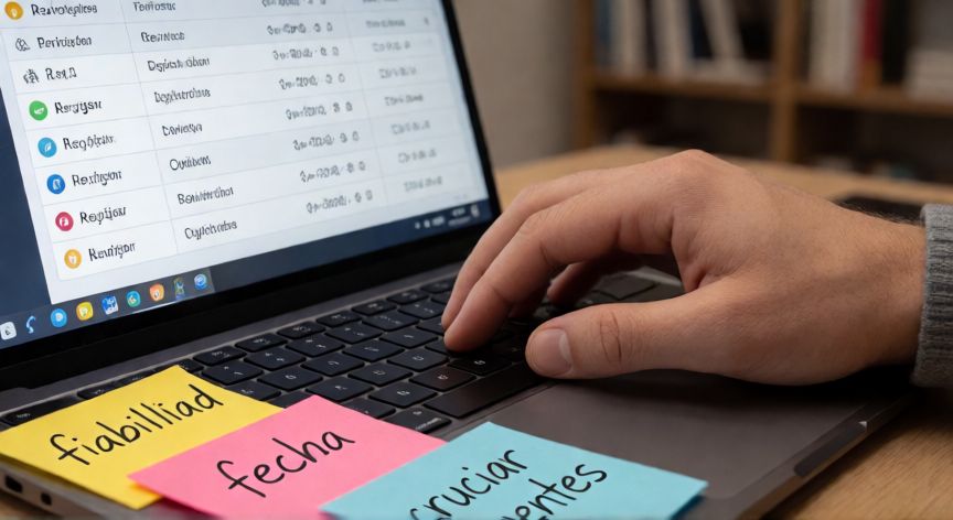 como encontrar reseñas de una persona, Manos escribiendo en portátil con tabla comparativa de reseñas y notas adhesivas sobre fiabilidad y verificación de opiniones