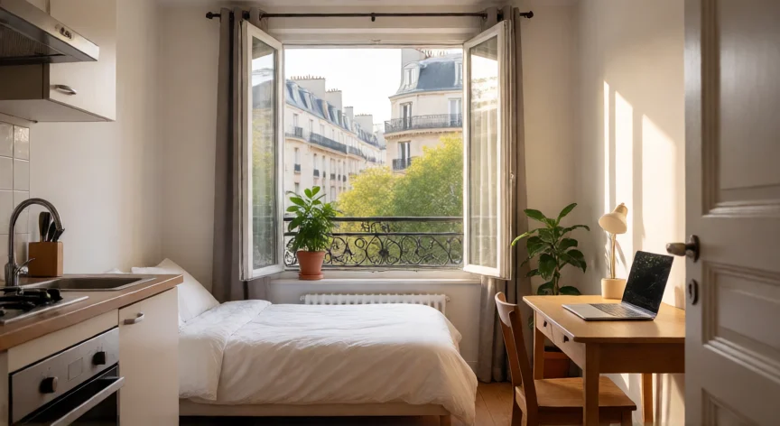 Estudio amueblado luminoso en París con vistas a edificios haussmannianos