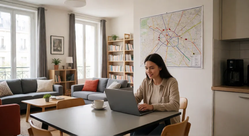 como encontrar residencia para unos meses en París o cerca, Persona en un espacio coliving con mapa del metro de París al fondo