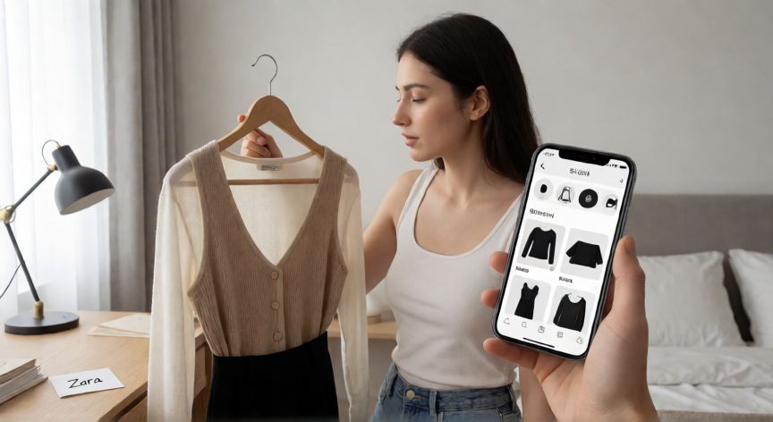 como encontrar ropa de zara en shein, Mujer buscando ropa estilo Zara en Shein usando el móvil