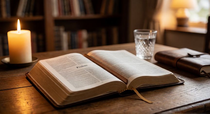 como encontrar salmo 91, Biblia abierta en el libro de los Salmos sobre una mesa de madera con luz cálida de vela