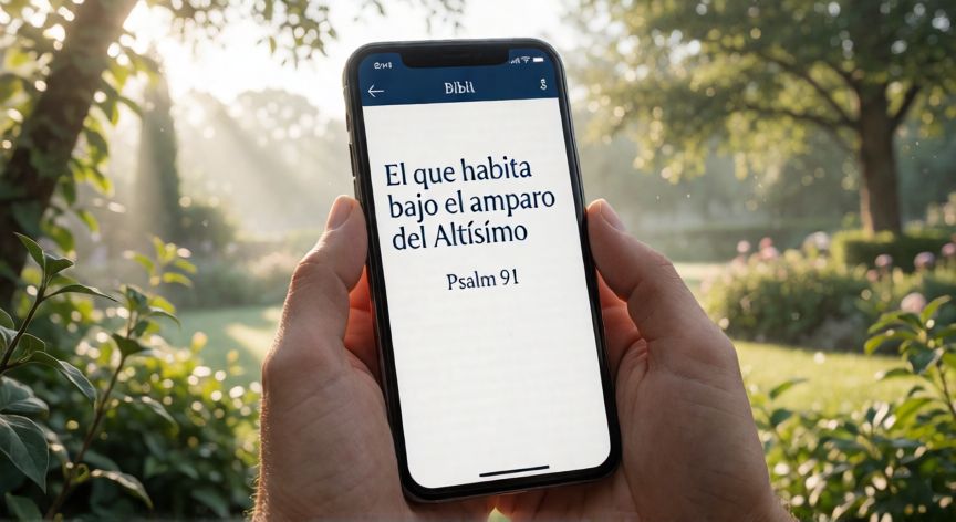 como encontrar salmo 91, Persona consultando el Salmo 91 en una aplicación bíblica en su teléfono móvil al aire libre
