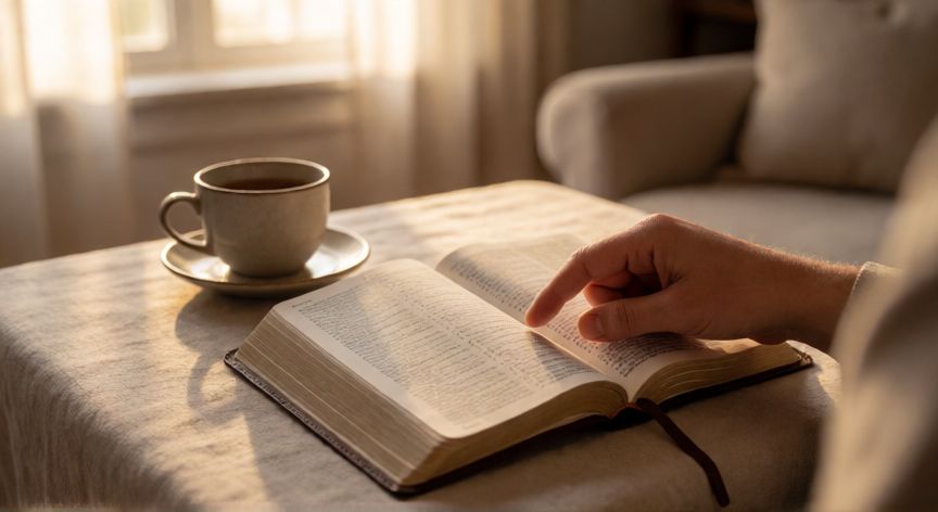 como encontrar salmo 91 en la biblia, Manos señalando un capítulo en una Biblia abierta sobre una mesa con luz cálida