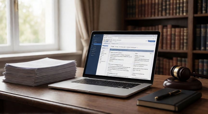 como encontrar sentencias judiciales, Escritorio con portátil mostrando una base de datos de sentencias judiciales y documentos legales