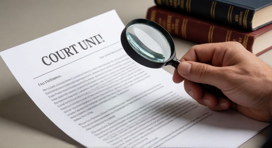 como encontrar sentencias judiciales, Persona revisando una sentencia judicial impresa con lupa y libros de derecho al fondo