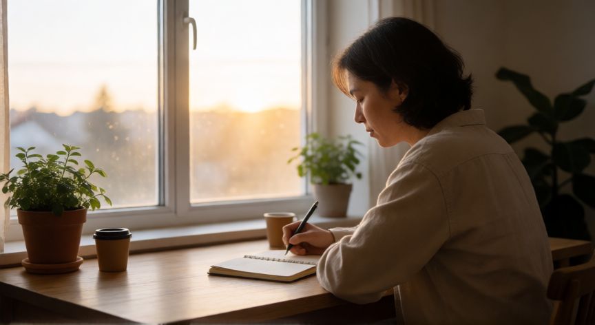 como encontrar sentido a la vida, Persona escribiendo en un cuaderno junto a una ventana con luz de amanecer