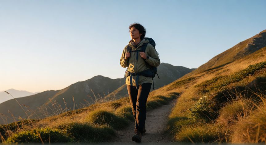como encontrar sentido a la vida, Persona caminando por un sendero de montaña al atardecer mirando hacia adelante