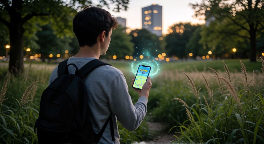 como encontrar shinys en pokemon go, Persona caminando por un parque con un teléfono mostrando la interfaz de Pokémon GO