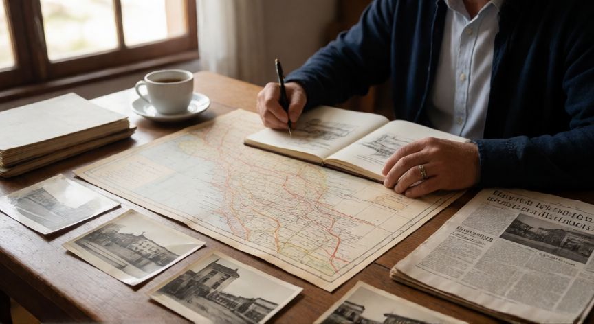 como encontrar sitios abandonados, Persona investigando mapas antiguos y fotografías históricas en un archivo local para encontrar sitios abandonados.