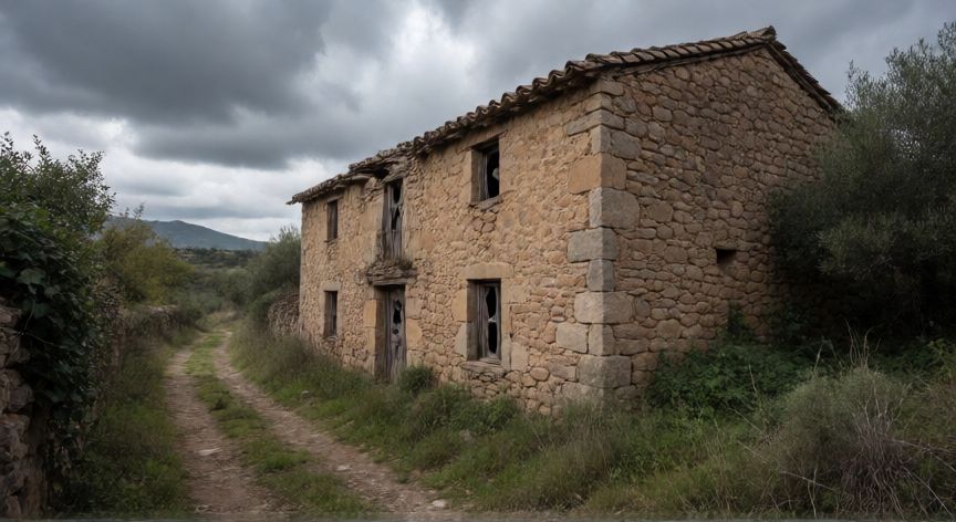 como encontrar sitios abandonados, Edificio rural abandonado con ventanas rotas y tejado derrumbado rodeado de vegetación.